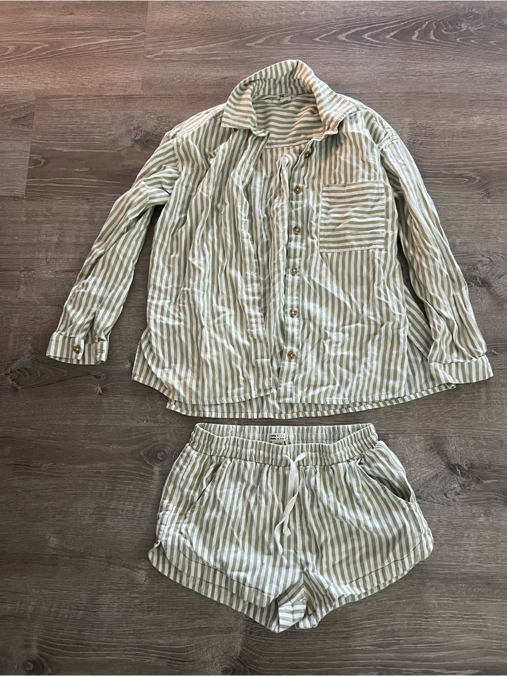 Striped Button-Down Shirt - Light Green/White and matching short